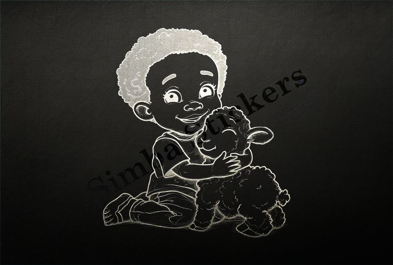 Lamb being hugged by small boy of African origin, outline art