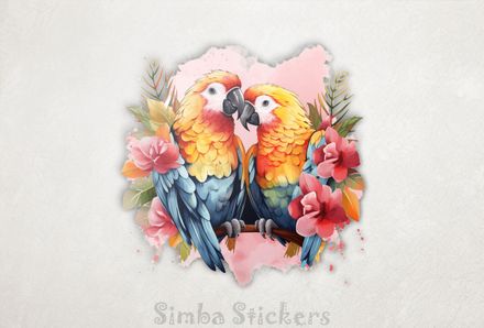 Parrots in love among flowers in pinkish background, watercolour, nvcywh