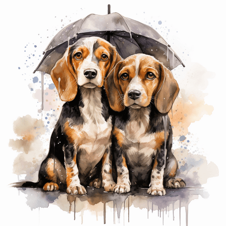 Beagle dogs in the rain, image set, 10 images