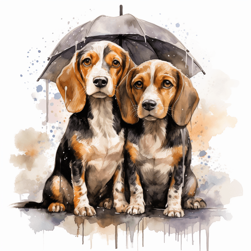 Beagle dogs in the rain, image set, 10 images