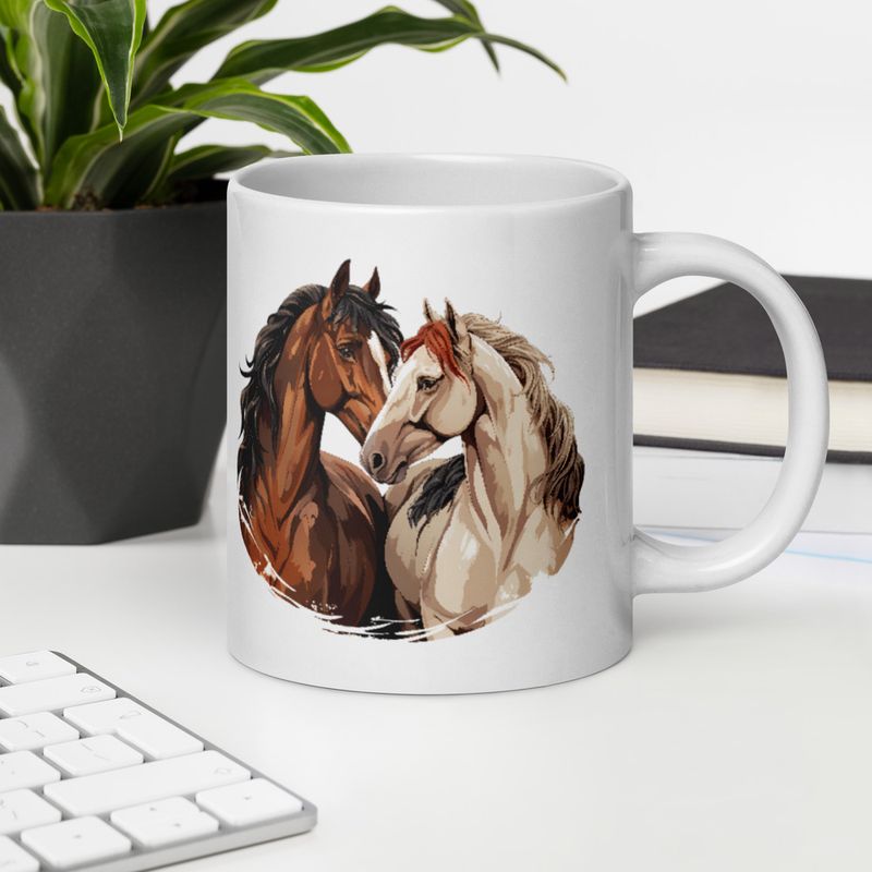 White Glossy Mug, 20oz, Horses nose-to-nose, jbgjpy