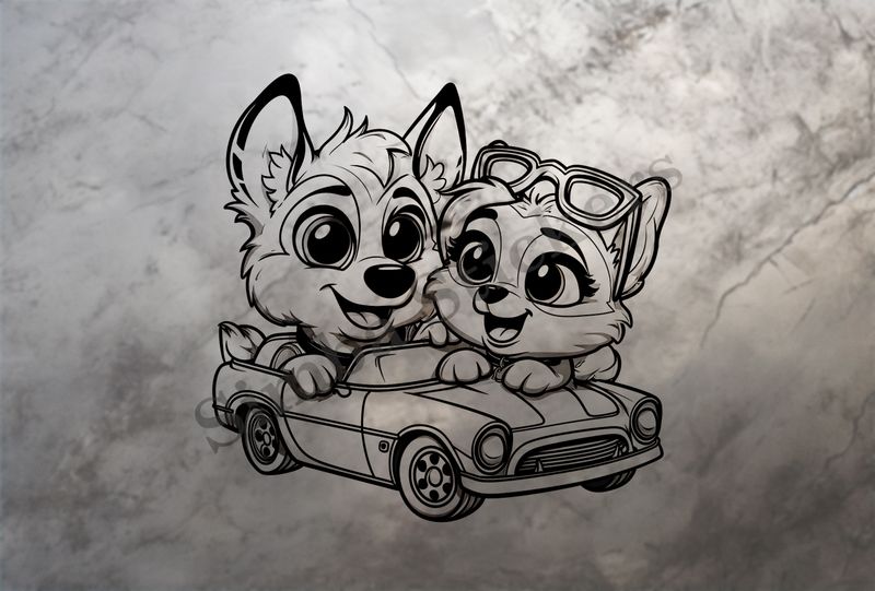 Dogs in love sitting in a classic sports car, outline art