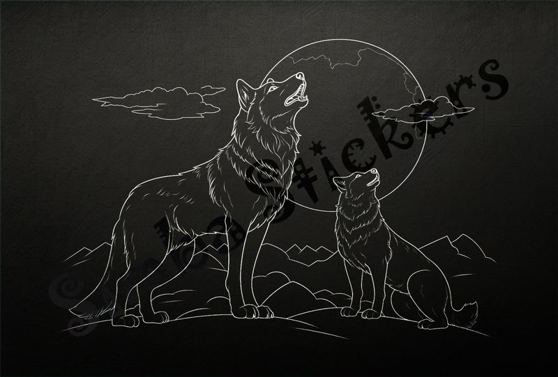 Wolves howling at the moon, mountaintops in the backgroung, outline art