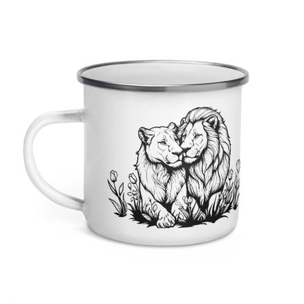 Enamel Mug, Male lion with lioness, outline art, kbdgyu 