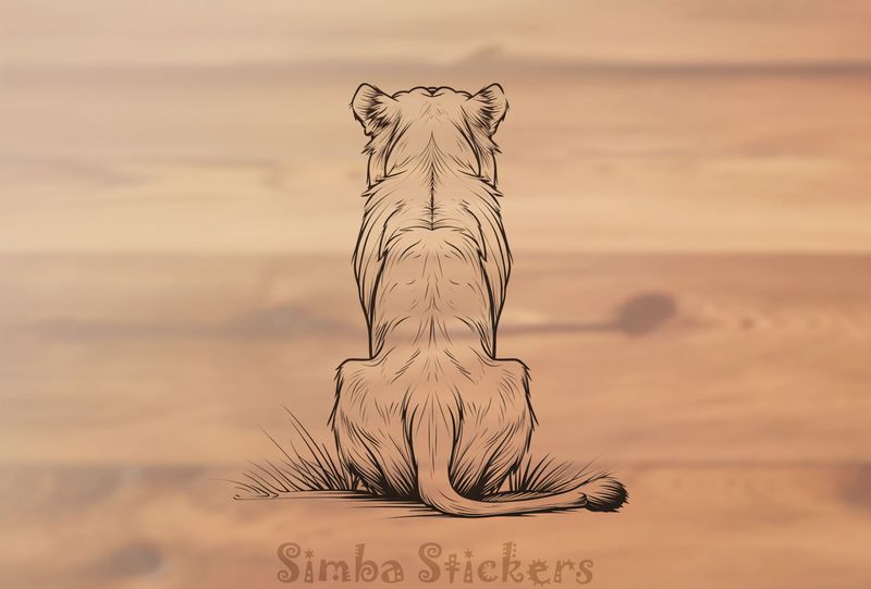Lioness sitting with tail on the side, from the back, outline art, grpgy1