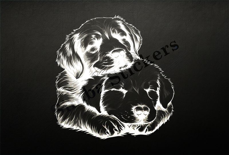 Dog, one light and one dark, cuddling, outline art