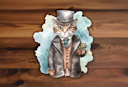 Cat in vitage suit and hat, watercolour