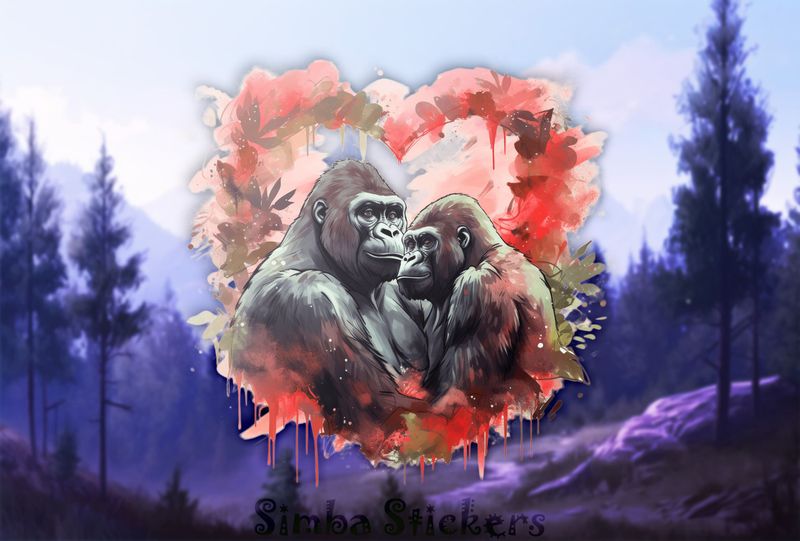 Gorillas in love in Valentine&#x27;s heart-shaped vegetation, watercolour, qqdsk0