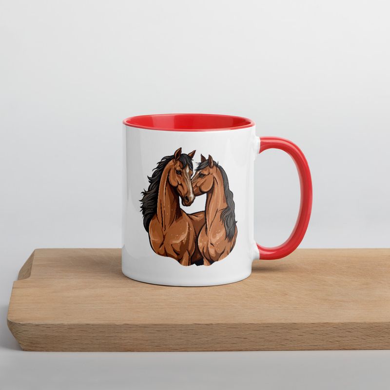 White Ceramic Mug with Color Inside, 11&amp;15oz, Two brown horses snuggling, tdwcyd