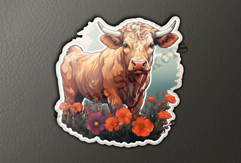 Bull in a field of flowers, watercolour