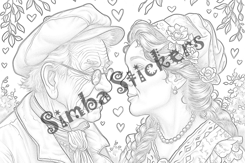 Colouring pages, bundle of people, grandparents in love, 25 images