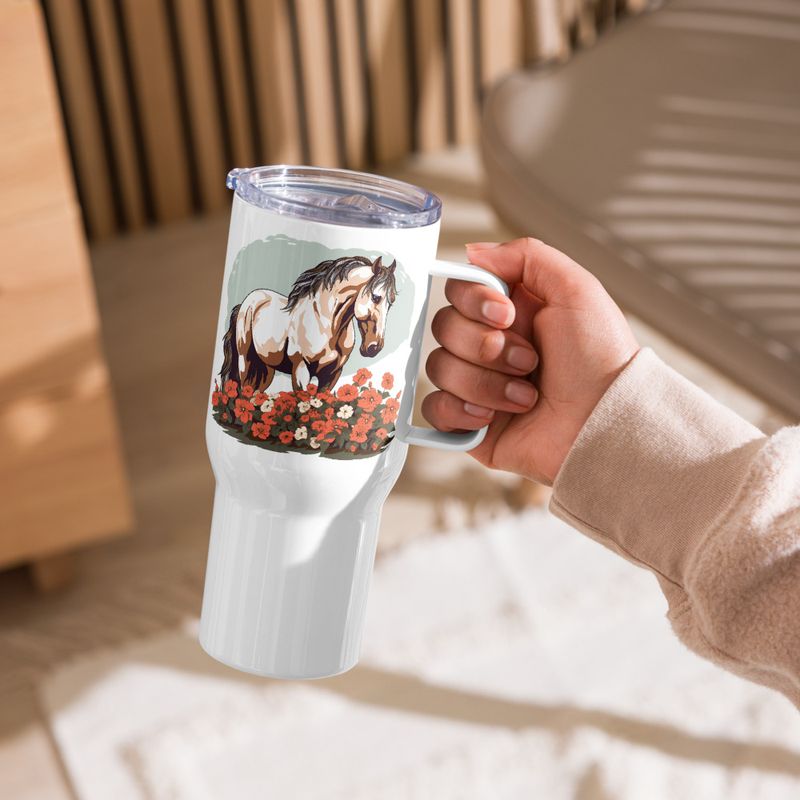 Travel Mug, Cattle, Brown horse in field of red flowers, n4w2fj