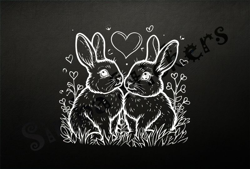 Hares in love, Valentine&#x27;s heart above, outline art