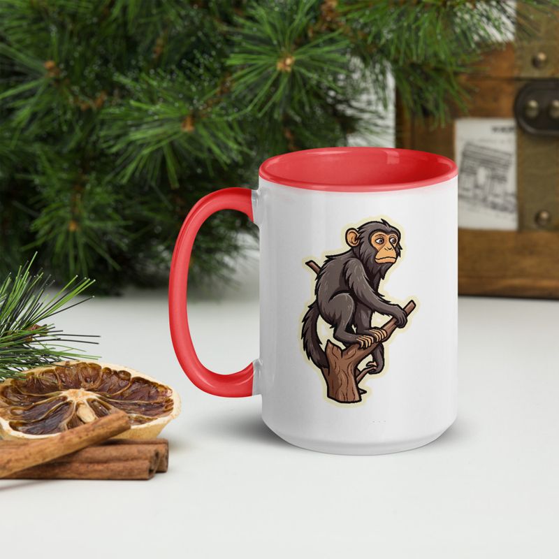 White Ceramic Mug with Color Inside, 11oz &amp; 15oz, Baboon on a tree, looking sad, head-to-head