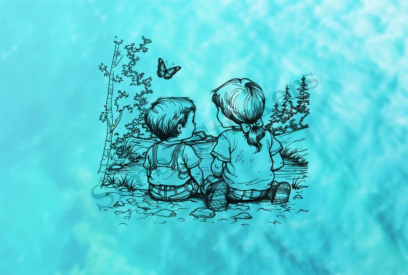 Boy and girl sitting at one end of a pond, outline art