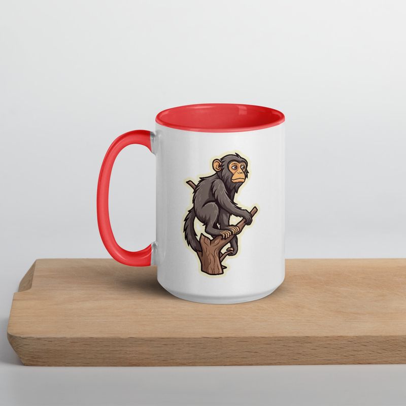 White Ceramic Mug with Color Inside, 11oz &amp; 15oz, Baboon on a tree, looking sad, head-to-head