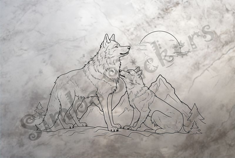 Wolves nose-to-nose under bright moon, outline art