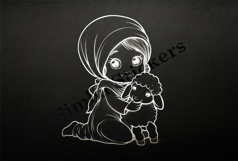 Lamb hugged by small Mediterranean girl in a veil, outline art