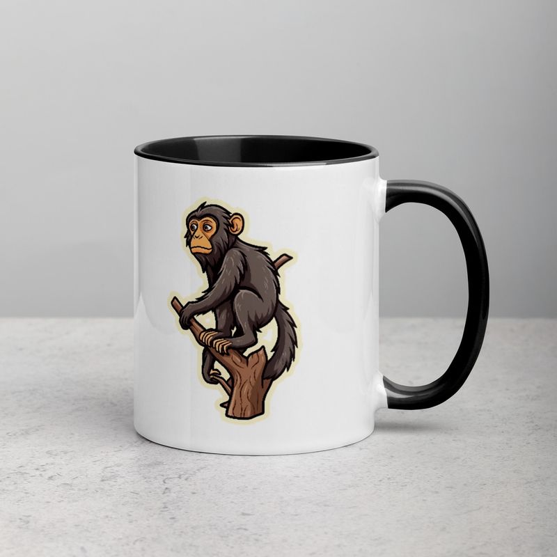 White Ceramic Mug with Color Inside, 11oz &amp; 15oz, Baboon on a tree, looking sad, head-to-head