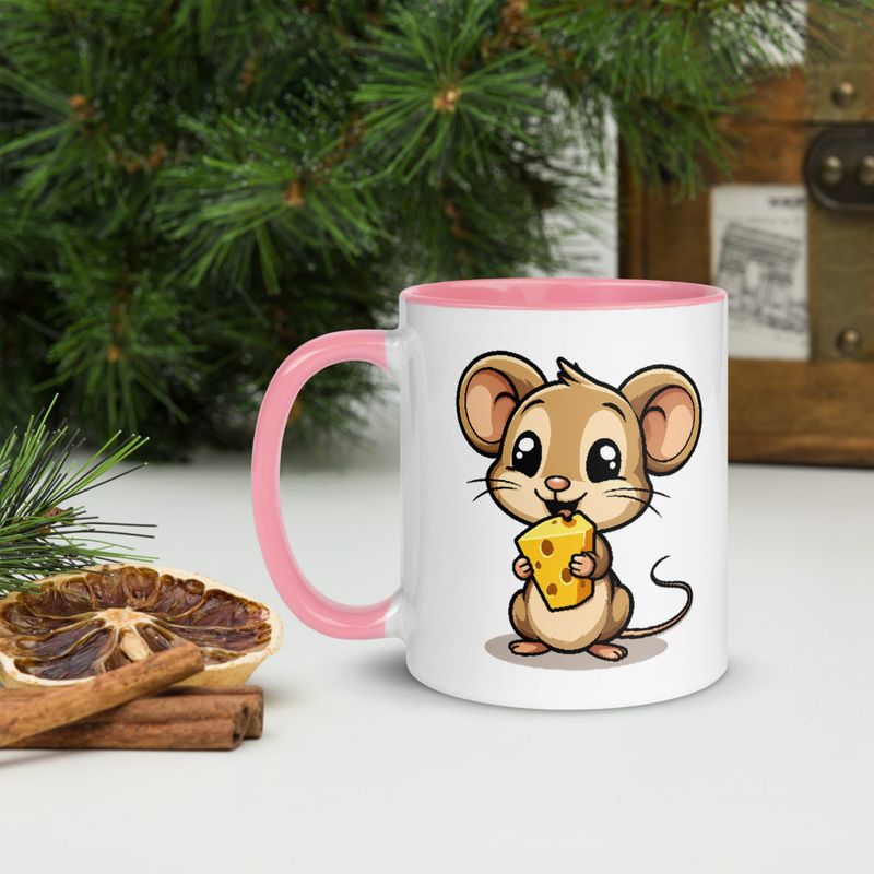 White Ceramic Mug with Color Inside,11&amp;15oz,Small Mouse happily licking large chunk of cheese,pqapy6
