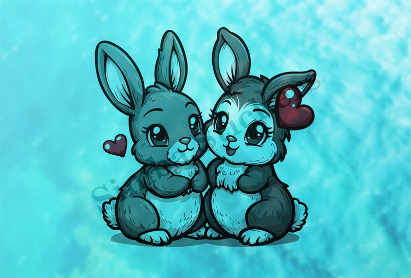 Cute bunnies in love, cheek-to-cheek, hearts in air, outline art