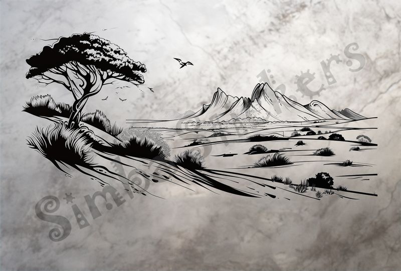 African Savanna landscape, low shrubs in middle, outline art