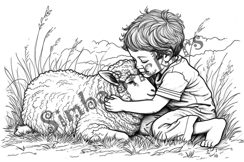 Colouring pages, bundle of sheep hugged by child, 10 images