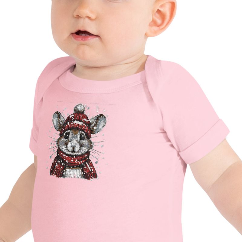 Embroidered Baby Short Sleeve One Piece, Mouse wearing red winter hat and scarf in the snow, xg8dl3