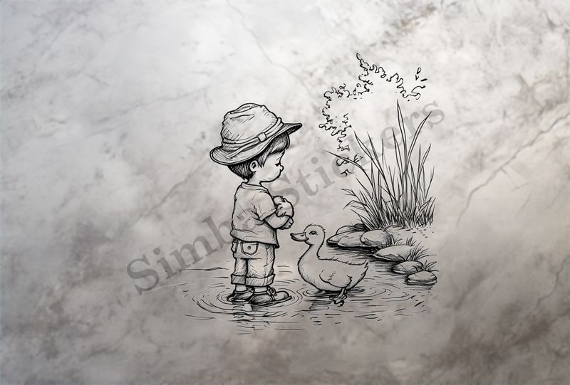 Duck approaching boy holding duckling in a pond, outline art