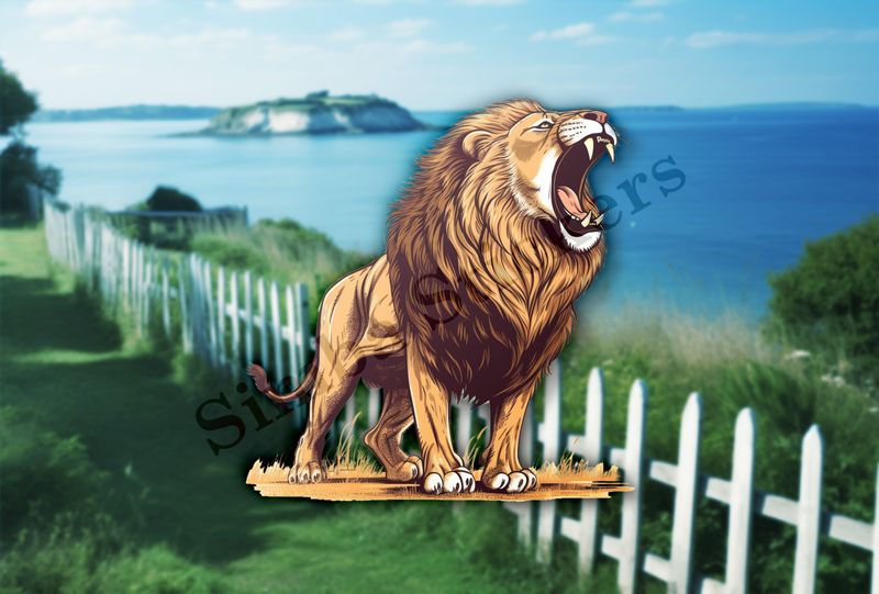 Male lion roaring, standing tall