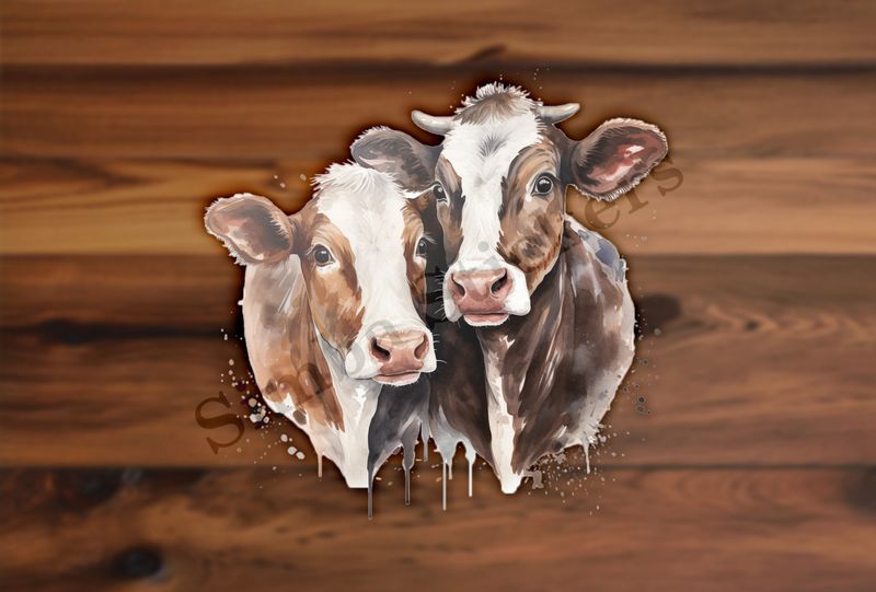 Cows,both brown,  cheek-to-cheek, watercolour