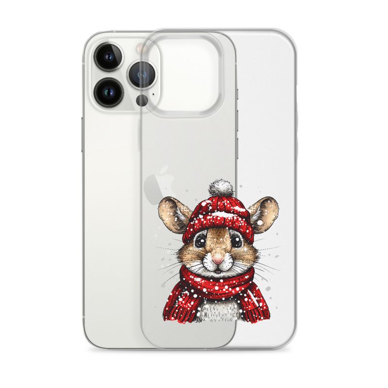 Clear Case for iPhone, Mouse wearing red winter hat and scarf in the snow, xg8dl3