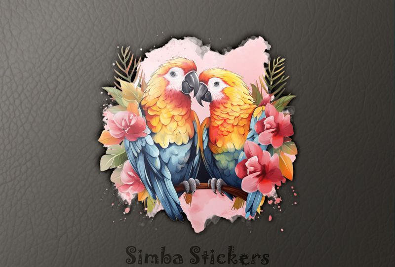 Parrots in love among flowers in pinkish background, watercolour, nvcywh