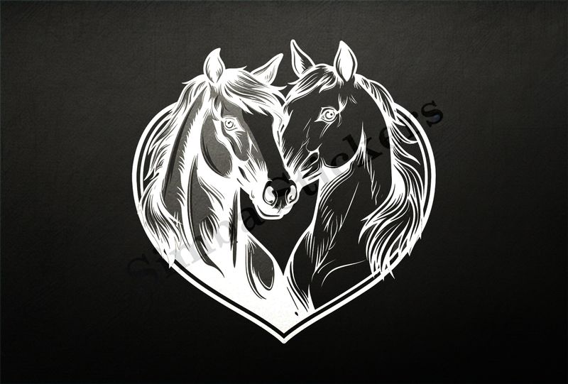 Horses in love, bust in heart frame, outline art