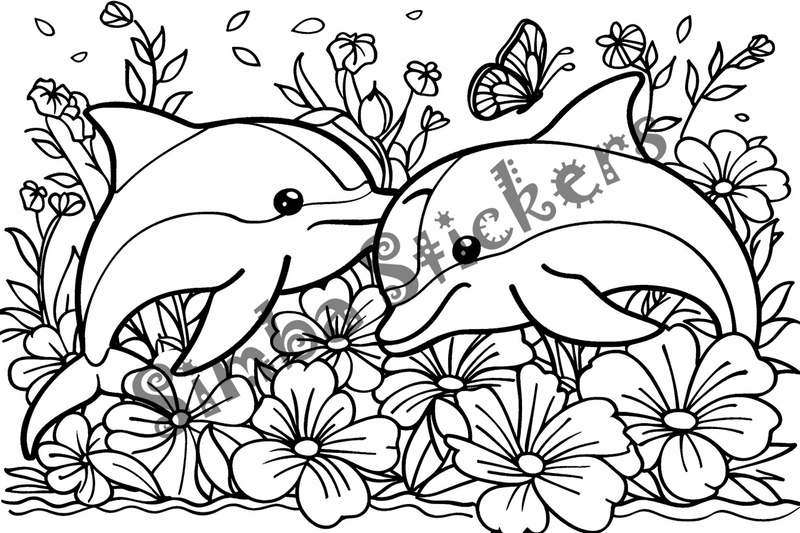 Colouring pages, bundle of dolphins  in flowers, 10 images
