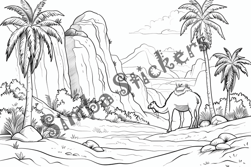 Colouring pages, bundle of Sahara Desert landscape with camels and dromedars, 10 images