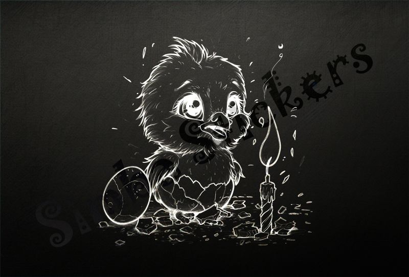 Chick singing by birthday candle, beside small egg, outline art