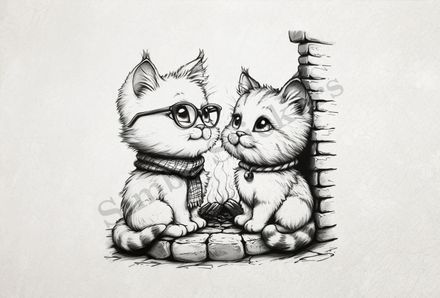 Cat kittens, one in glasses, outline art