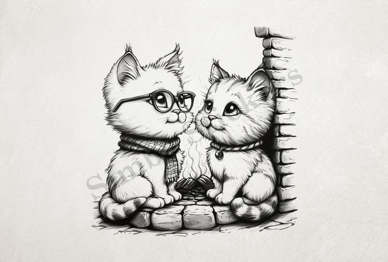Cat kittens, one in glasses, outline art