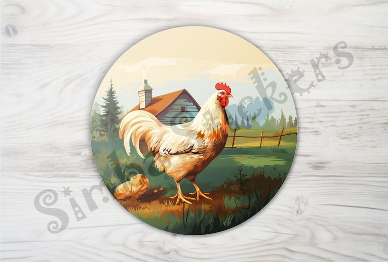 White chicken, free-range, with farmhouse in background