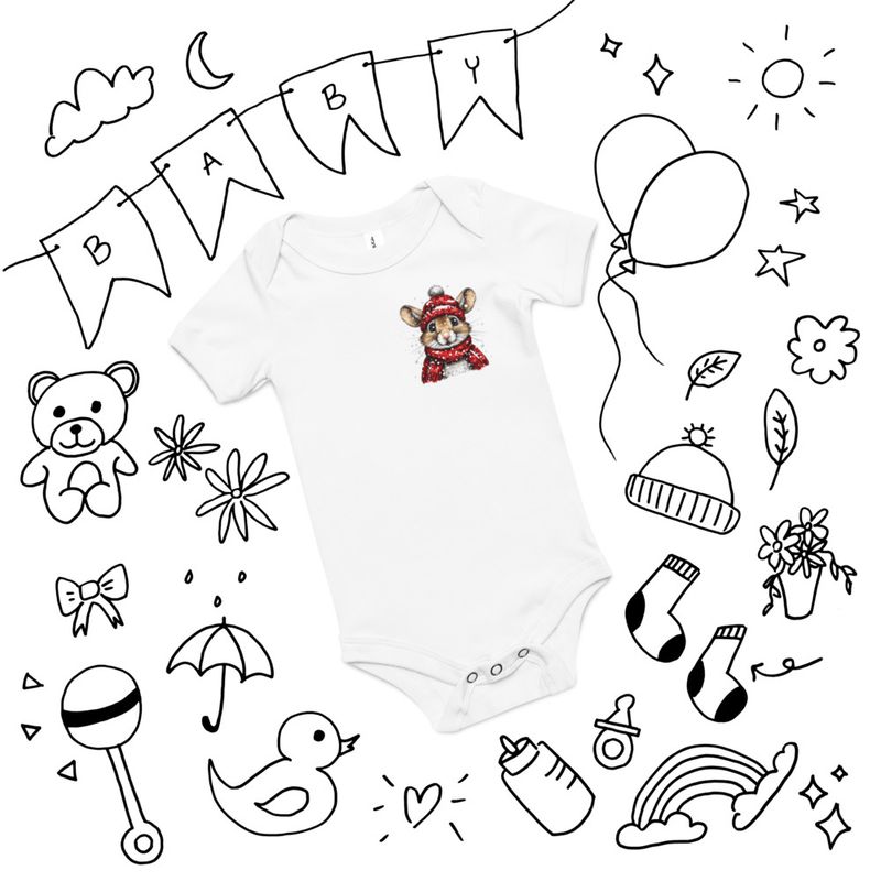 Baby Short Sleeve One Piece, 3-24 Months, Mouse wearing red winter hat and scarf, xg8dl3, left chest