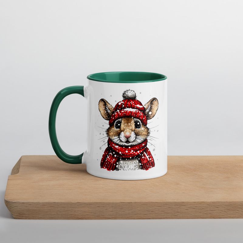 White Ceramic Mug with Color Inside, 11&amp;15oz, Mouse wearing red winter hat and scarf in snow, xg8dl3
