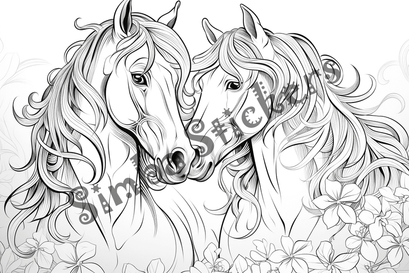 Colouring pages, bundle of horses in love, 10 images
