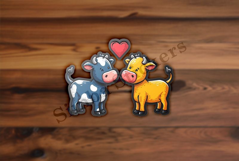 Cattle, bull and cow in love, colourful , heart in picture 