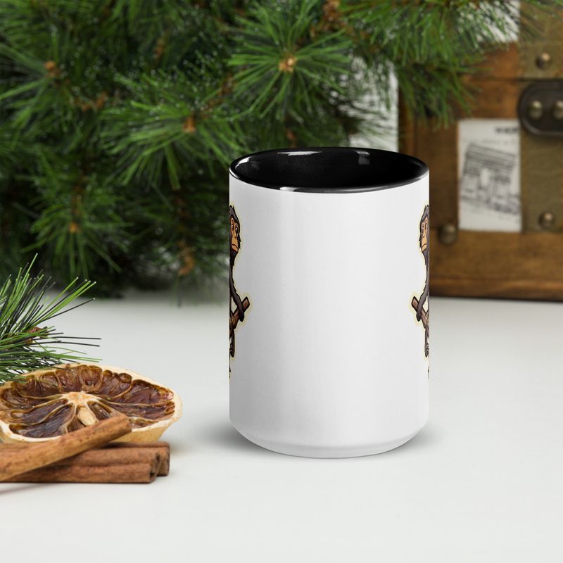 White Ceramic Mug with Color Inside, 11oz &amp; 15oz, Baboon on a tree, looking sad, head-to-head