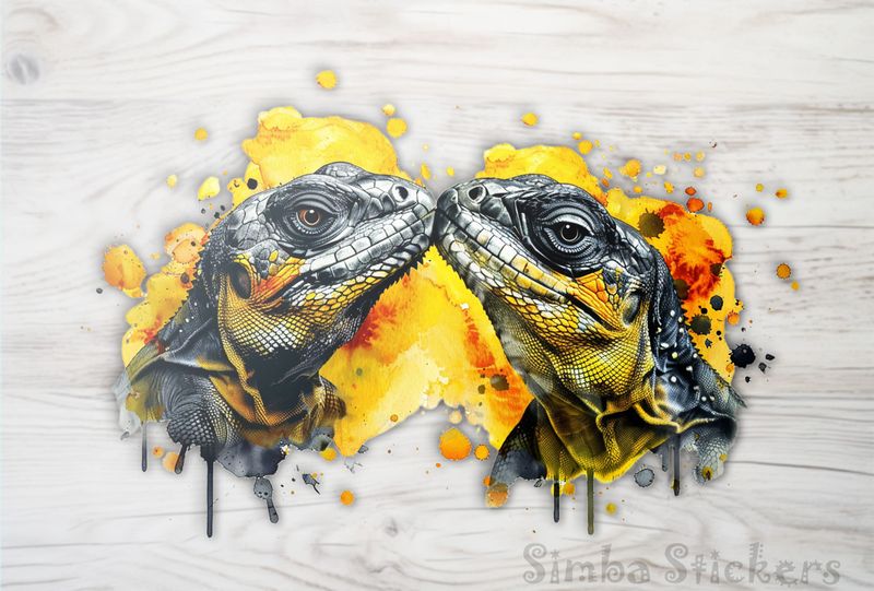 Llizards nose-to-nose in love, in front of yellow-red background, watercolour