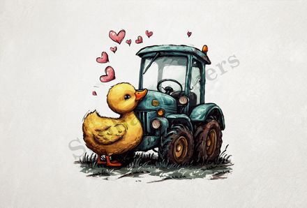 Duckling kissing hood of farmer&#x27;s tractor