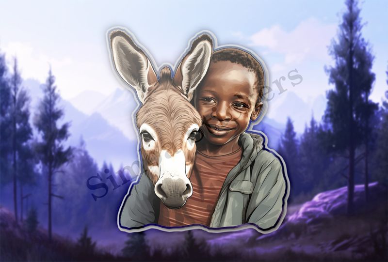 Donkey hugged by child of African origin