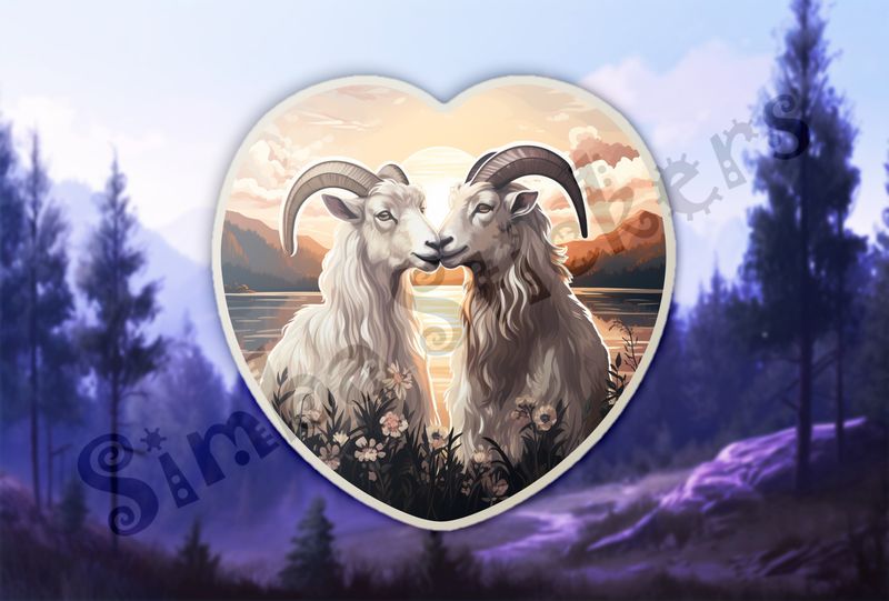 White goats nose-to-nose in love, sunset in background