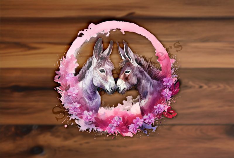 Donkeys in love, purple leaves, watercolour